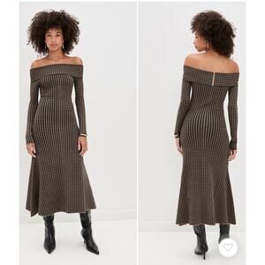 LE BOP Gingham Knit Off Shoulder Dress Chocolate/Black Size large